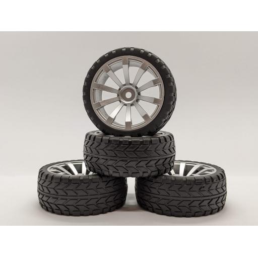 1/10 RC 26mm Silver Metallic 10 Spoke Wheels and Road Racing Tyres