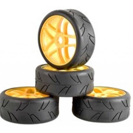 1/8 Buggy Wheels Yellow- 17mm Hex fitting. HPI Kyosho XTM Hobao Set of four.