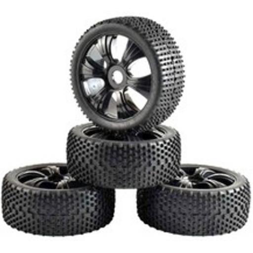 1/8 Buggy Wheels Black Fan Spoked- 17mm Hex fitting. HPI Kyosho XTM Hobao Set of four.