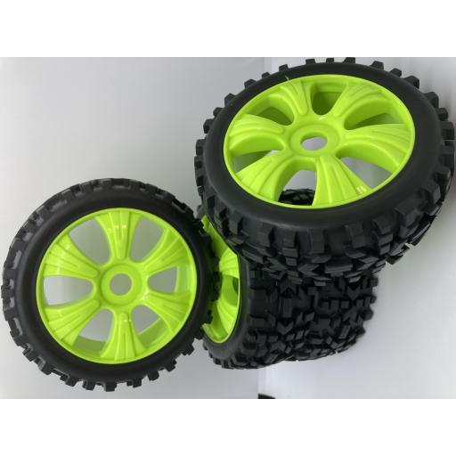 1/8 Buggy Wheels Green- 17mm Hex fitting. HPI Kyosho XTM Hobao Set of four.