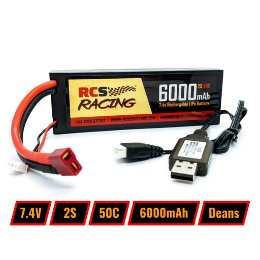 7.4V Lipo Battery 2S 80C 6000 mAh Hard Case with T style red connector + USB Balance charger