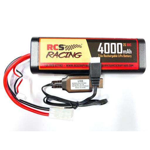 7.4V Lipo Battery 2S 80C 4000 mAh TAMIYA hard case + USB Balance Charger