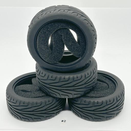 1/10 RC Car tyre set. High Grip with foam insert. 52mm x 26mm - Pattern #2