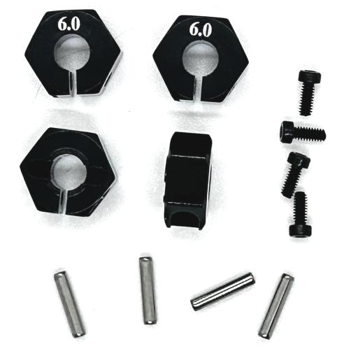 Metal Wheel Hex Drive Hubs 12mm (6mm Axle) with Retaining Bolts and Pins. - Black