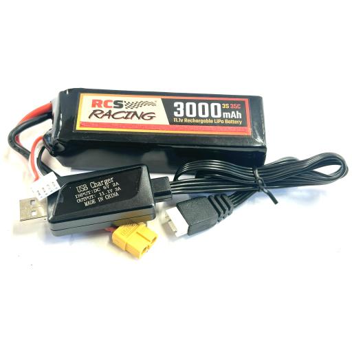 11.1V Lipo Battery 3S 35C 3000 mAh with XT60 connector + USB Charger for Rlaarlo, MJX etc